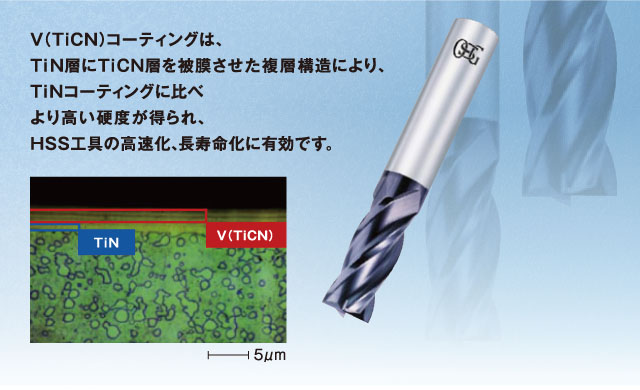 V(TiCN)コーティングは、TiN層にTiCN層を被膜させた複層構造により、TiNコーティングに比べより高い高度が得られ、HSS工具の高速化、長寿命化に有効です。